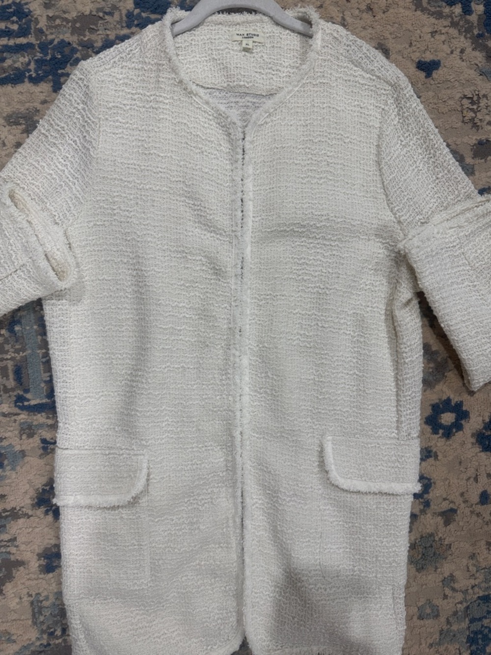 Max Studio Cream Bouclé Open-Front Long Blazer